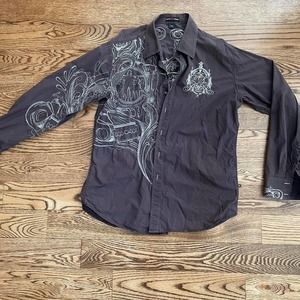 90s Streetwear Vibes - Vintage Embroidered Brown Long Sleeve Shirt